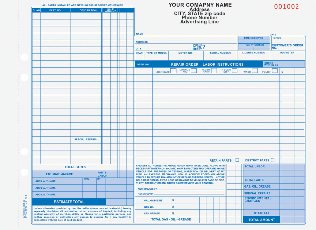 Auto Repair Order Forms - AROCC-664 and ARO-656